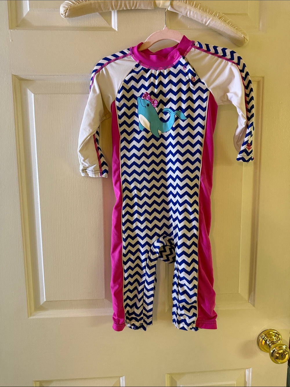 Coolibar Pink, Navy & White Chevron Kids One-Piece Rash Guard